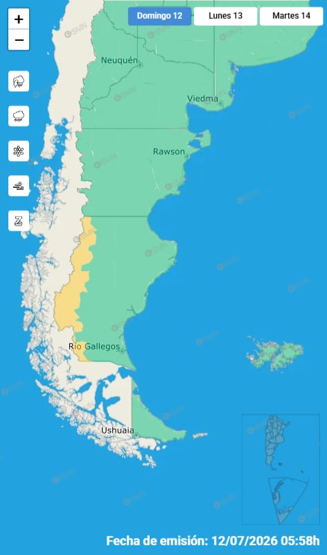 Un mapa del Servicio Meteorológico Nacional señala una alerta por nevadas en la cordillera santacruceña