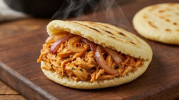 Arepa abierta rellena de pollo desmechado y rodajas de cebolla roja. De la arepa sale vapor. Detrás, otra arepa entera. Todo sobre tabla de madera.