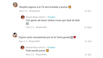 Capturas de pantalla de comentarios de TikTok. Muestran perfiles de usuario, textos de comentarios y respuestas de la cuenta oficial de Sheyla Rojas