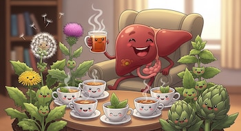 Caricatura de un hígado sonriente sentado en una silla, brindando con una taza, rodeado de seis tazas de infusión y plantas con caras amigables.