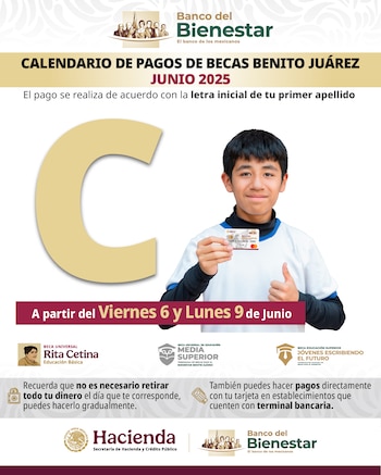 Estudiantes con apellidos que inician con la letra C reciben hoy, 6 de junio, el pago de la Beca Benito Juárez, como parte del calendario escalonado implementado por el Banco del Bienestar.