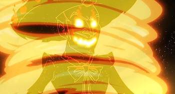 Dibujo digital de un personaje con sombrero, ojos y boca luminosos, rodeado por un remolino de fuego amarillo y naranja