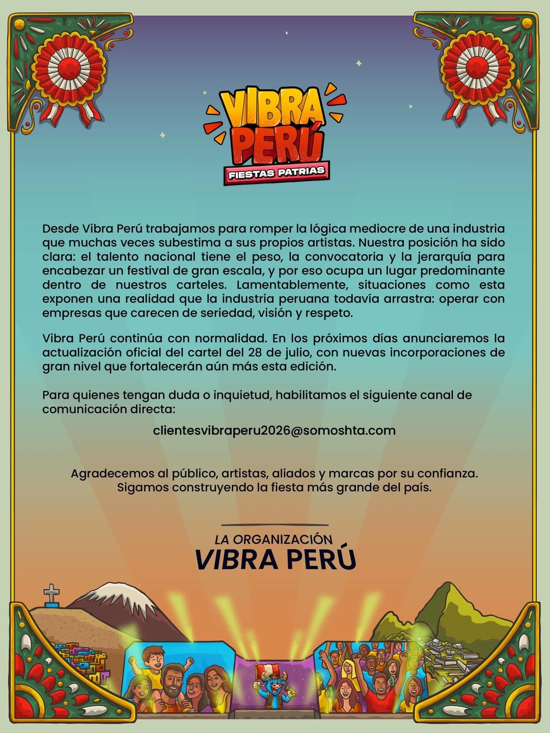 La organización sostuvo que se enteró del retiro de Corazón Serrano por redes sociales y un correo enviado minutos antes del comunicado. IG