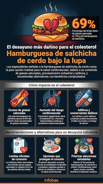 Infografía con una hamburguesa y un corazón roto. Muestra los porcentajes de grasas saturadas, riesgos para el corazón y colesterol, y alternativas saludables.