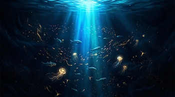 Haz de luz azul descendente sobre fondo marino oscuro con peces nadando, medusas luminosas de color amarillo y partículas flotantes.