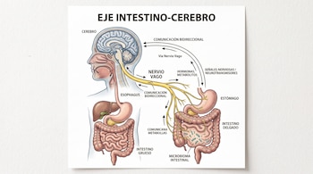 Diagrama anatómico que señala el cerebro, el nervio vago, el estómago, los intestinos y el microbioma intestinal con etiquetas explicativas.