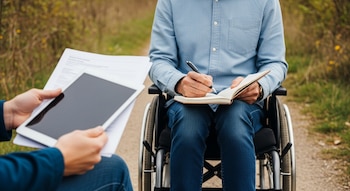 Hombre en silla de ruedas escribe en cuaderno. Otro sostiene tableta y papeles. En un sendero al aire libre rodeado de vegetación.