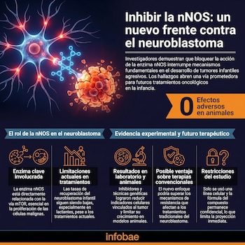 Representación visual de una neurona estilizada conectada a una molécula azul que interactúa con un cúmulo de células tumorales anaranjadas desintegrándose.