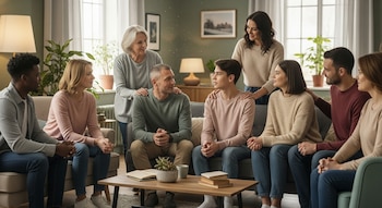 Un grupo diverso de diez personas, entre adultos y jóvenes, sentados y de pie en una sala de estar luminosa, mostrando gestos de apoyo y escucha mutua.