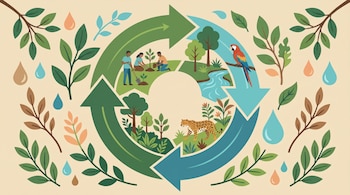 Ilustración plana muestra un ciclo circular de flechas verdes y azules. Incluye personas plantando, un jaguar, un guacamayo, agua y vegetación. Ramas, hojas y gotas la decoran.