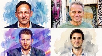Cuatro retratos individuales de hombres pintados en acuarela y dispuestos en una cuadrícula de dos por dos sobre distintos fondos de colores.