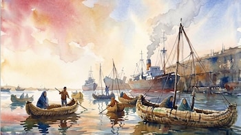 Pintura en acuarela de balsas de totora con tripulantes en el agua, junto a barcos de vapor y una estructura portuaria bajo el cielo iluminado