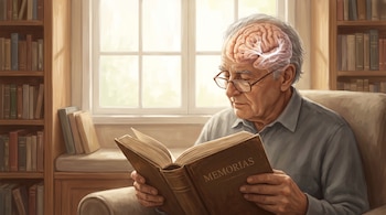 Un hombre mayor con gafas lee un libro titulado Memorias con el cerebro expuesto mediante un efecto transparente.