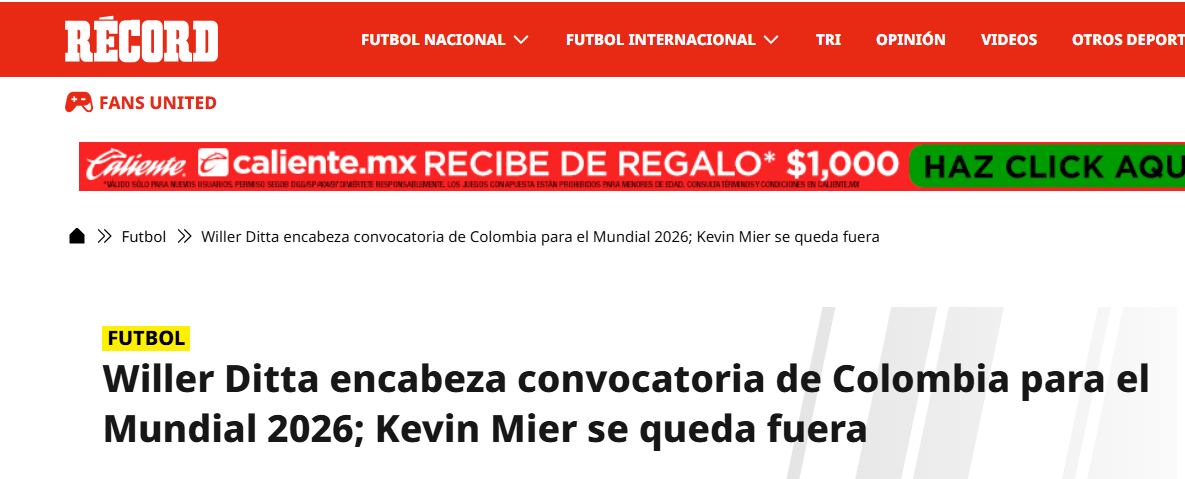 Récord de México sobre la convocatoria de la selección Colombia para la Copa Mundial de la FIFA 2026 - crédito Récord de México