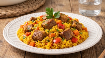Un primer plano de un plato blanco con estofado de cerdo en cubos, arroz amarillo, pimientos rojos y zanahorias troceadas, y perejil picado.
