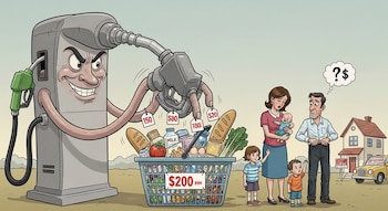 Una ilustración muestra una gasolinera personificada con rostro malvado, manipulando los precios de una cesta de alimentos y una familia angustiada en el fondo.