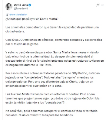 Este fue el mensaje que publicó David Luna en sus redes sociales contra Gustavo Petro - crédito @lunadavid/X