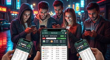 Cinco jóvenes adultos usan teléfonos móviles con pantallas mostrando interfaces de apuestas deportivas, estadísticas y cuotas en un ambiente urbano nocturno.