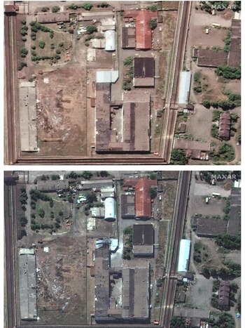 Imágenes por satélite de una prisión antes de un ataque a unas instalaciones en Olenivka, Ucrania, el 27 de julio de 2022 (arriba) y después de un ataque el 30 de julio de 2022 (abajo) (Maxar/Reuters)