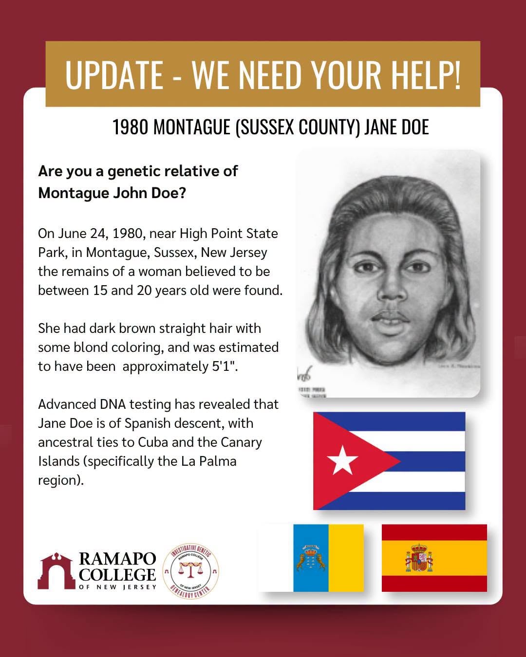 El afiche de búsqueda elaborado por el Ramapo College muestra el retrato hablado de la joven hallada en 1980 y las banderas de Cuba, las Islas Canarias y España, regiones vinculadas a su perfil genético.