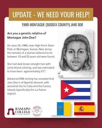 El afiche de búsqueda elaborado por el Ramapo College muestra el retrato hablado de la joven hallada en 1980 y las banderas de Cuba, las Islas Canarias y España, regiones vinculadas a su perfil genético.