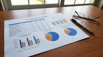 Vista aérea de un documento con tablas y gráficos de estadísticas de declaración de la renta en El Salvador, con un bolígrafo y gafas sobre una mesa de madera.