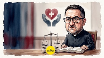 Cartum editorial de Omar Sánchez Portillo, um padre, sentado em frente a uma balança de julgamento, uma Bíblia e o logotipo 'La Substance'. Ao fundo, o logotipo da Cáritas.