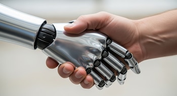 Mano humana y mano de robot plateada dándose la mano en primer plano sobre un fondo claro.