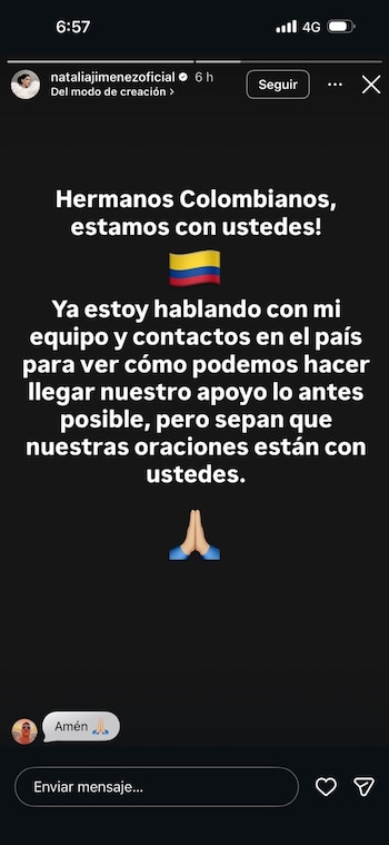 Publicación de Natalia Jiménez tras terremoto en Colombia - crédito nataliajimenezoficial/Instagram