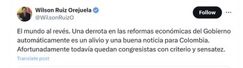 El exministro Wilson Ruiz Orejuela celebró el archivo de la reforma tributaria del Gobierno - crédito @WilsonRuizO/X