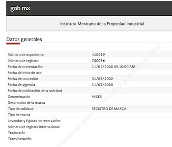 Registro del Mezcal Mixes ante el IMPI. (Captura de pantalla)