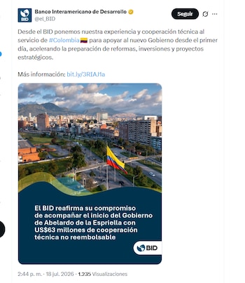 El Banco Interamericano de Desarrollo reafirmó su compromiso de apoyar al Gobierno de De la Espriella con US$63 millones - crédito @el_BID/X