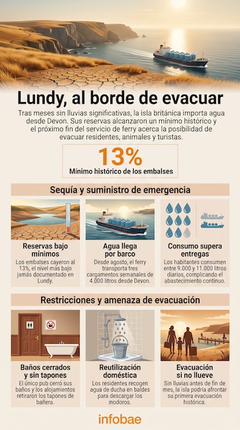 Infografía con ilustraciones de terreno seco, un barco con tanques de agua y escenas de racionamiento hídrico en la isla de Lundy.
