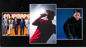 Tres fotografías componen un collage: la banda Enjambre con cinco hombres, un cantante con micrófono en contraluz y un joven posando en un fondo azul.