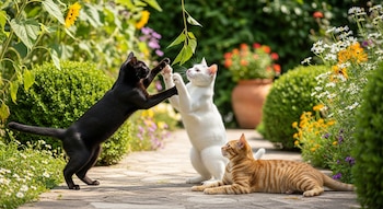 Tres gatos, uno negro, uno blanco y uno atigrado con pelaje anaranjado, juegan en un jardín con plantas y flores.