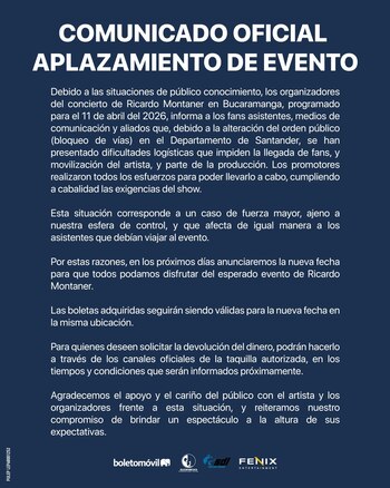 La imposibilidad de garantizar el desplazamiento de público y equipo técnico fue notificada, y se anunció que las entradas continuarán siendo válidas mientras se define el nuevo día para el concierto - crédito Fenix Producciones