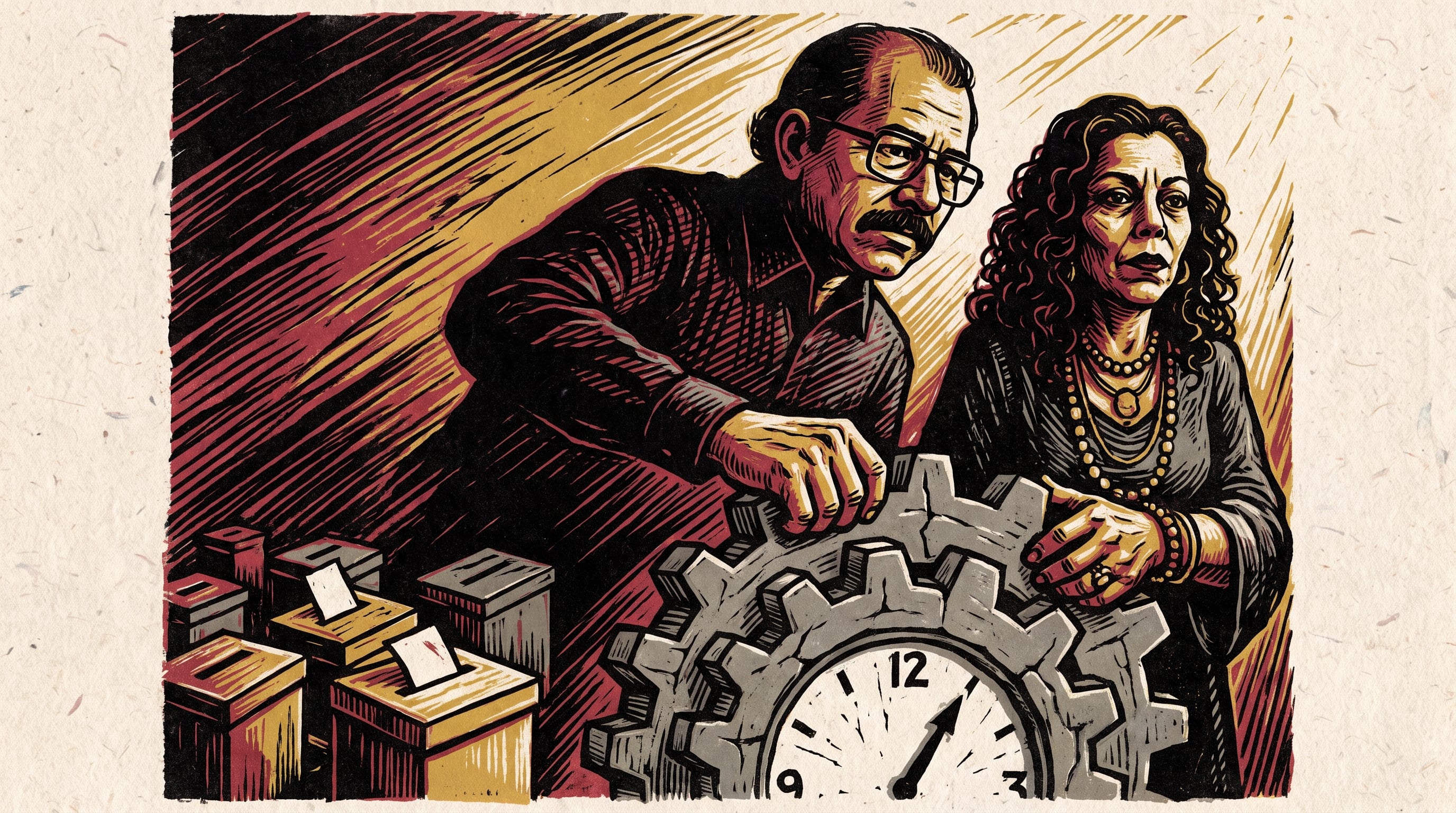 Daniel Ortega y Rosario Murillo manipulan el engranaje de un reloj junto a urnas de votación en Nicaragua. (Imagen Ilustrativa Infobae)
