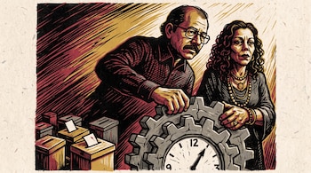 Ilustración en grabado de Daniel Ortega y Rosario Murillo sujetando un engranaje con reloj junto a cajas de votación.
