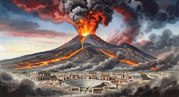 Pintura acuarela: Vesubio en erupción, con lava y humo sobre Pompeya. El volcán expulsa fuego y ceniza cubriendo la antigua ciudad bajo un cielo rojizo.