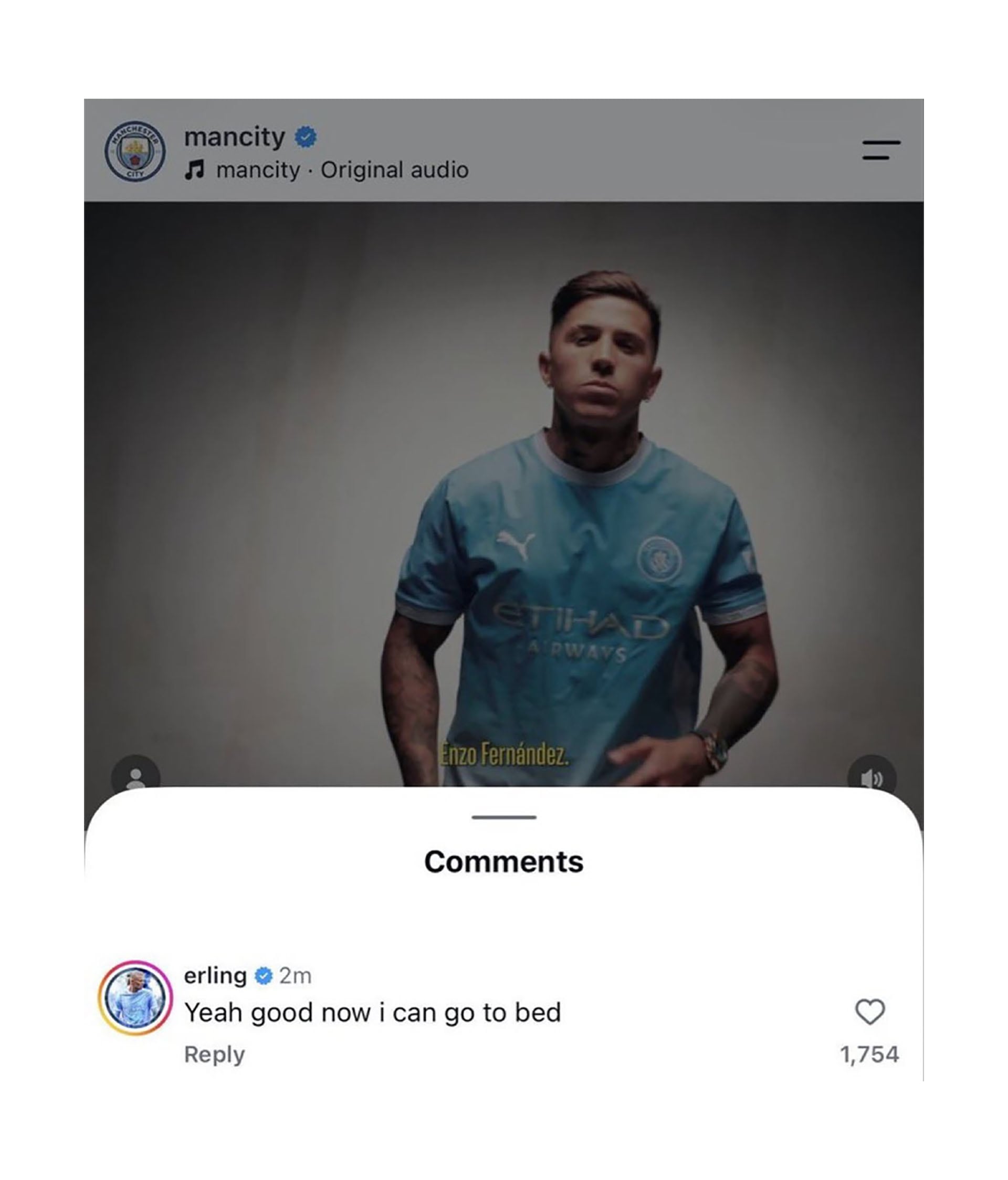 Una publicación en la red social Instagram de la cuenta oficial del Manchester City incluye un comentario del futbolista Erling Haaland.