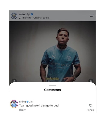 Captura de pantalla de una publicación de Instagram con la imagen de Enzo Fernández y un comentario del futbolista Erling Haaland