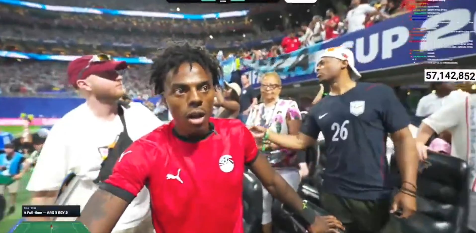 Un gesto racista contra IShowSpeed sacudió la Copa Mundial de la FIFA 2026 durante el partido entre Argentina y Egipto en Atlanta (IShowSpeed)