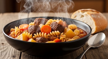Plato negro de guiso con fideos, carne, papas y zanahorias en salsa de tomate. Vapor visible. Pan casero y cuchara en mesa de madera.