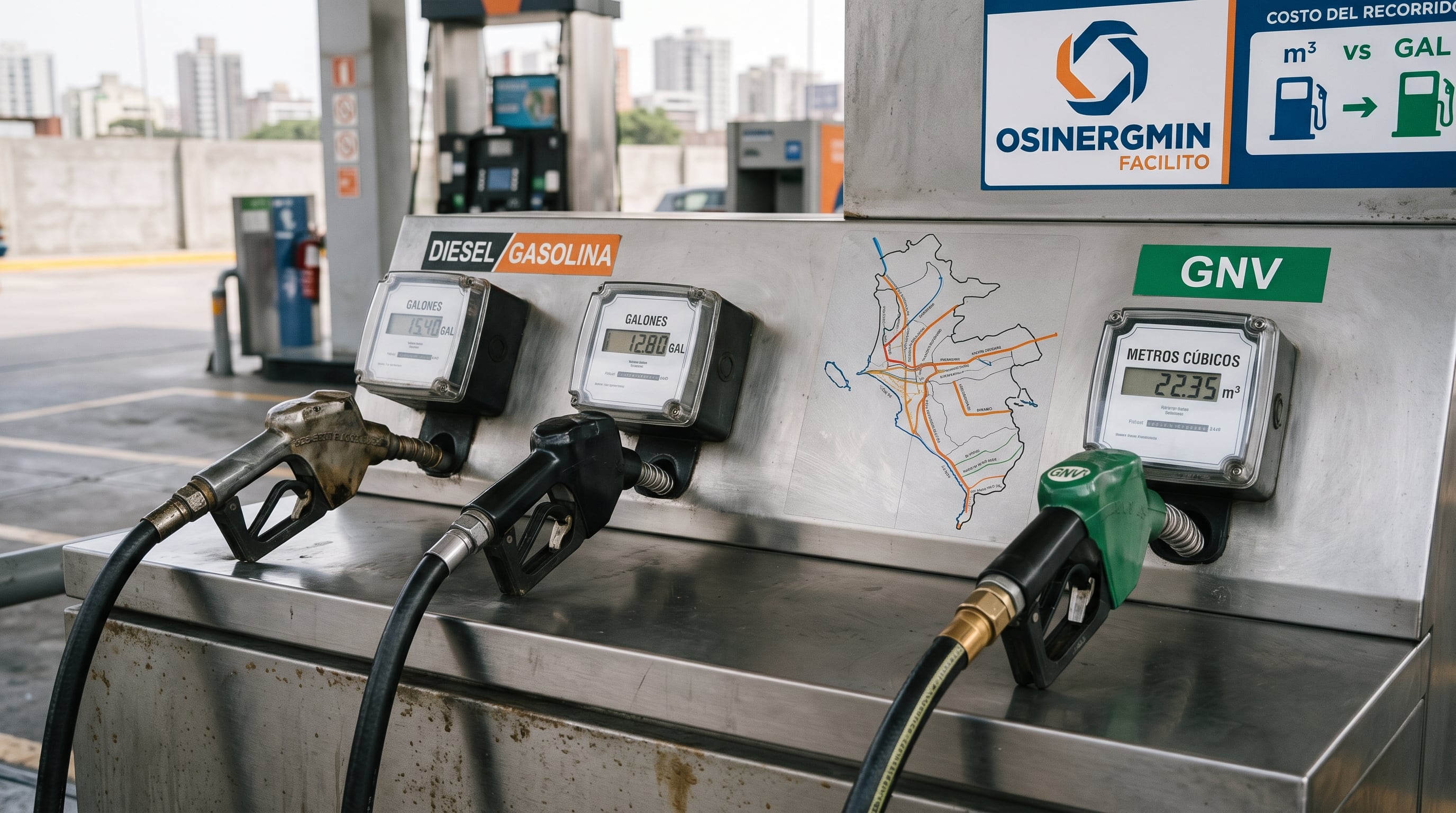 Un módulo de estación de servicio con información de Osinergmin ilustra la diferencia de medición entre galones para diésel y gasolina y metros cúbicos para gas natural vehicular en Lima. (Imagen Ilustrativa Infobae)