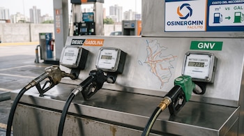 Tres mangueras de combustible frente a medidores digitales en galones y metros cúbicos, junto a un mapa esquemático y un cartel de Osinergmin.