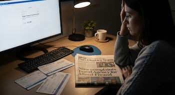 Mujer en escritorio con monitor mostrando "Flight Tickets Confirmation $5,600", teclado, ratón, lámpara, periódico y tres pasajes aéreos.