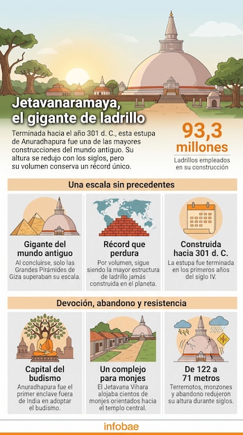 Infografía con ilustraciones de la estupa de Jetavanaramaya, el número 93,3 millones de ladrillos y seis recuadros con texto e íconos.