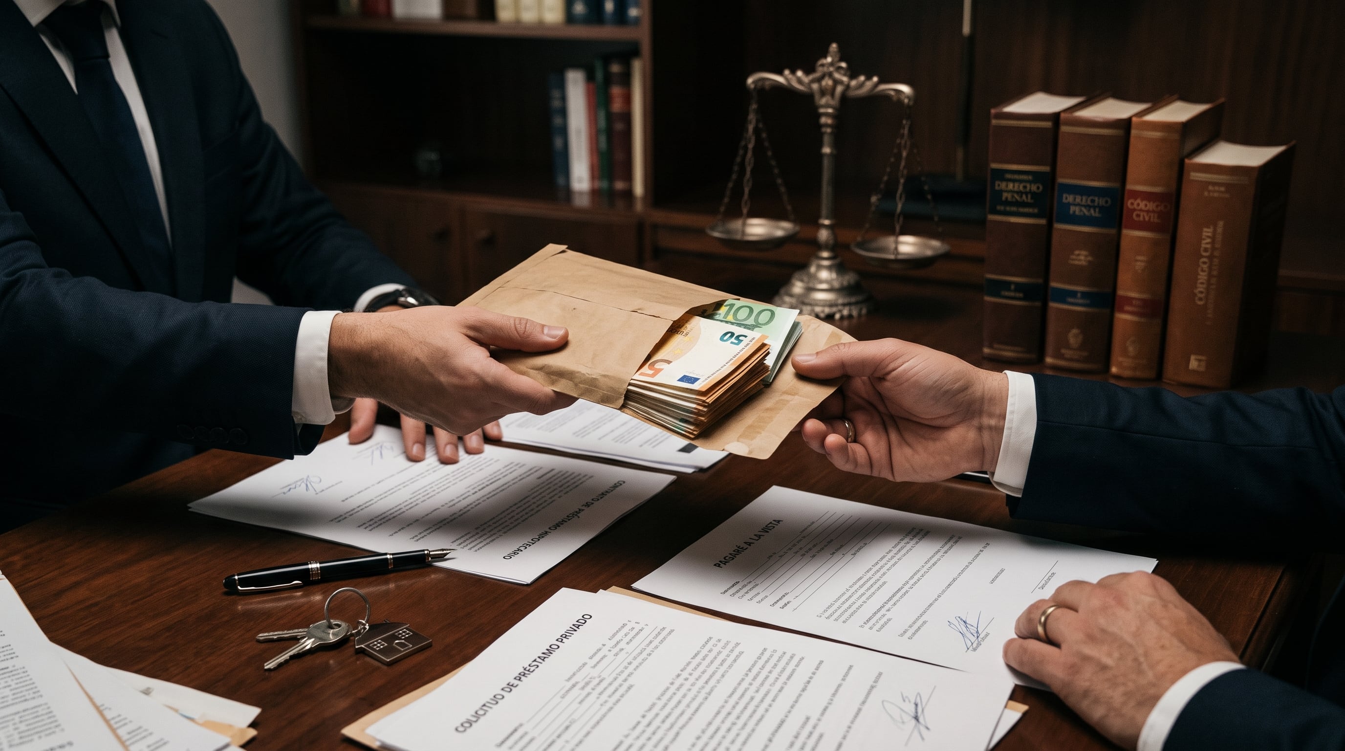 Dos hombres intercambian un sobre con billetes sobre una mesa con documentos de préstamos privados e hipotecas. (Imagen Ilustrativa Infobae)