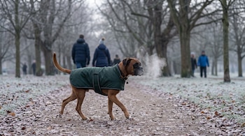Um cão boxer marrom com casaco verde caminha por um caminho com folhas secas e geada. Sai vapor de sua boca. Árvores sem folhas e pessoas ao fundo.