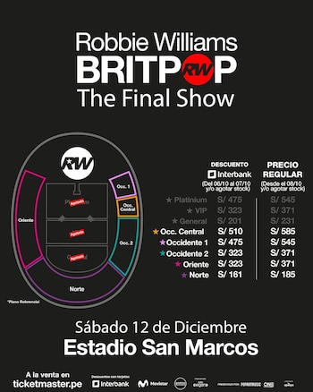 La preventa Interbank para las nuevas entradas de Robbie Williams iniciará el martes 6 de octubre con 15% de descuento mediante Ticketmaster.